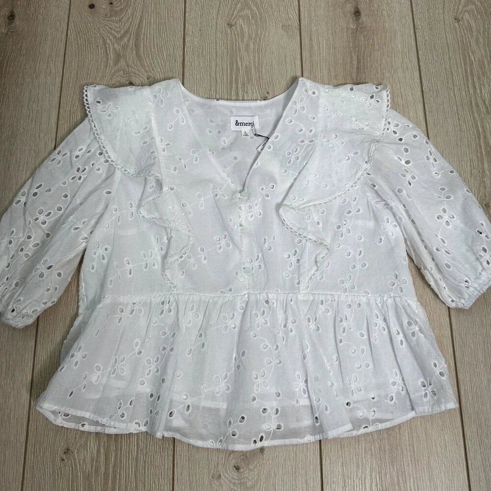 NWT &merci White Eyelet Top Size Large - Picture 5 of 5